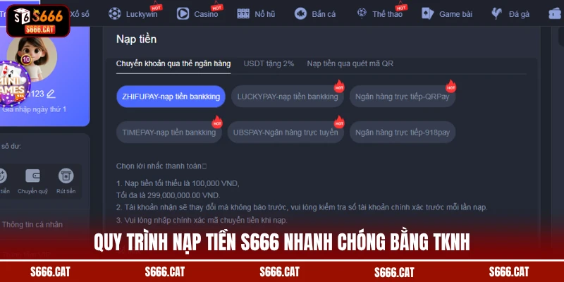 Quy trình nạp tiền S666 nhanh chóng bằng TKNH